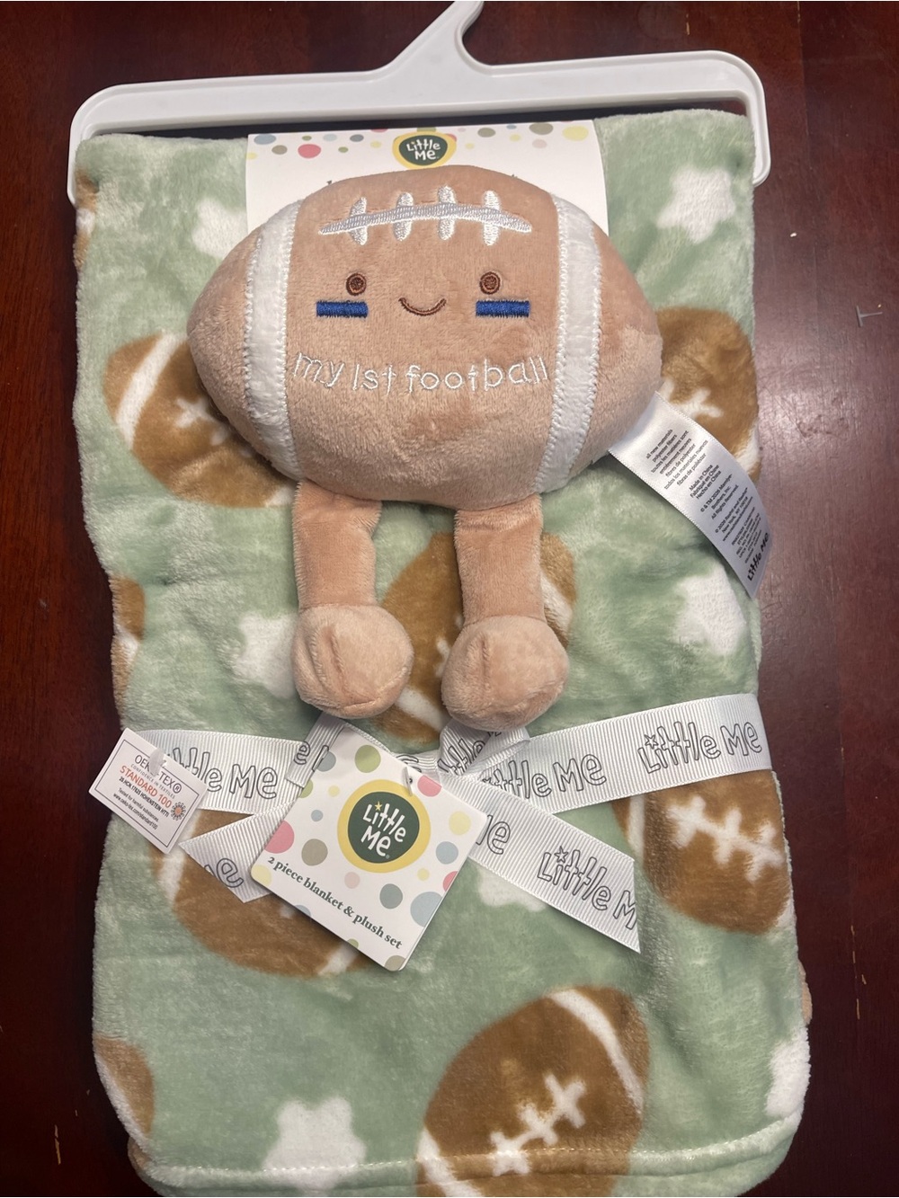 Little Me Green and Brown Football Plush Blanket Set